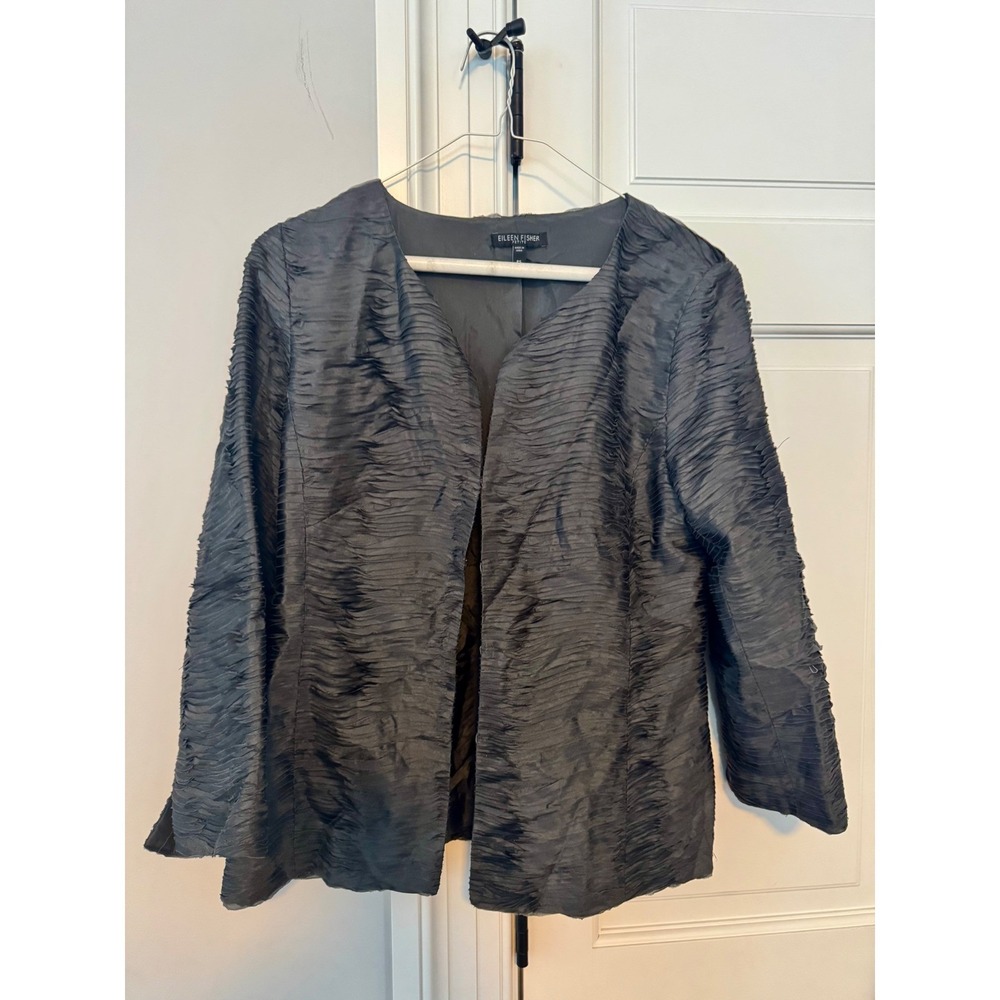 Eileen Fisher Petite 100% Silk Crinkle‎ Evening Jacket PS Charcoal Open Front